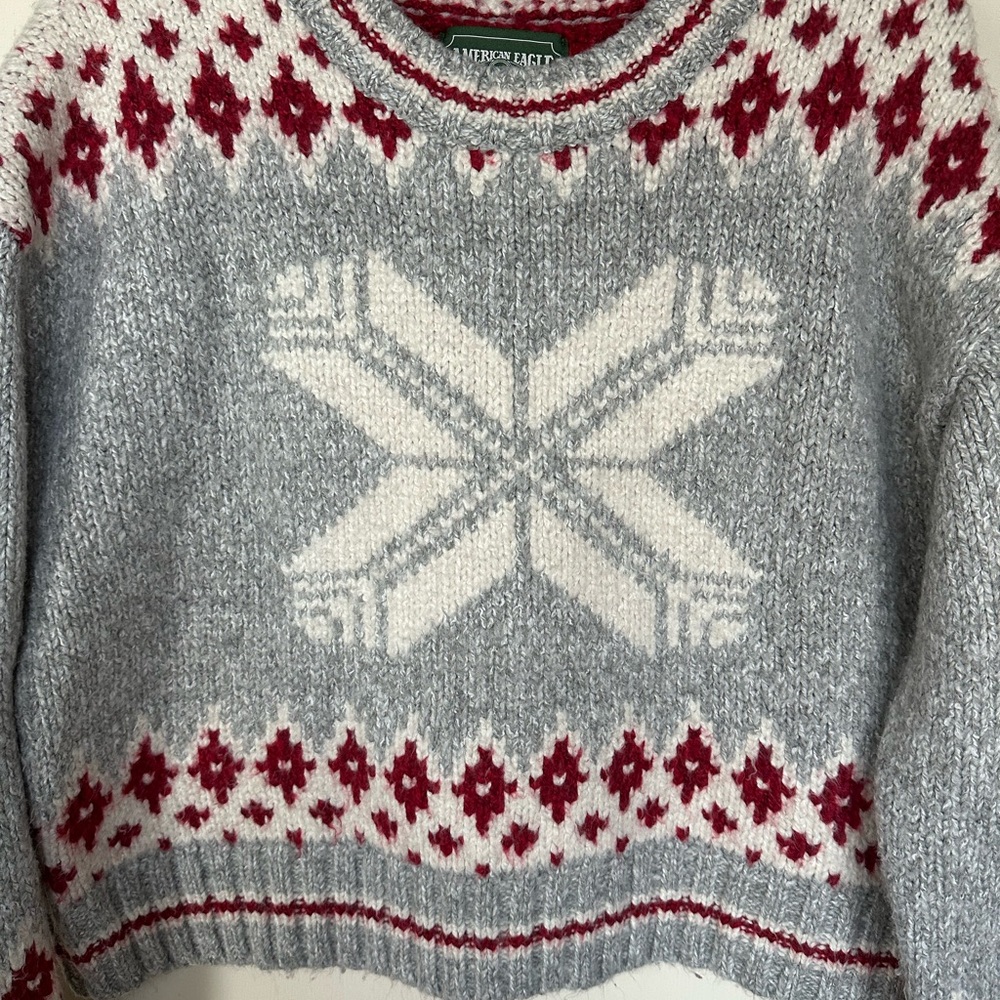 American Eagle Outfitters Red and Gray Cropped Knit Sweater - Picture 2 of 8